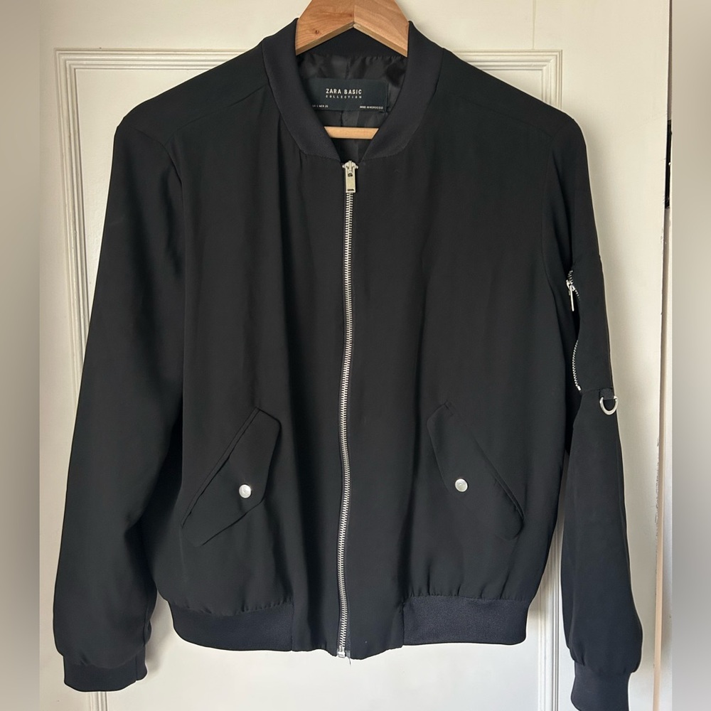 Zara Black Satin Bomber Jacket